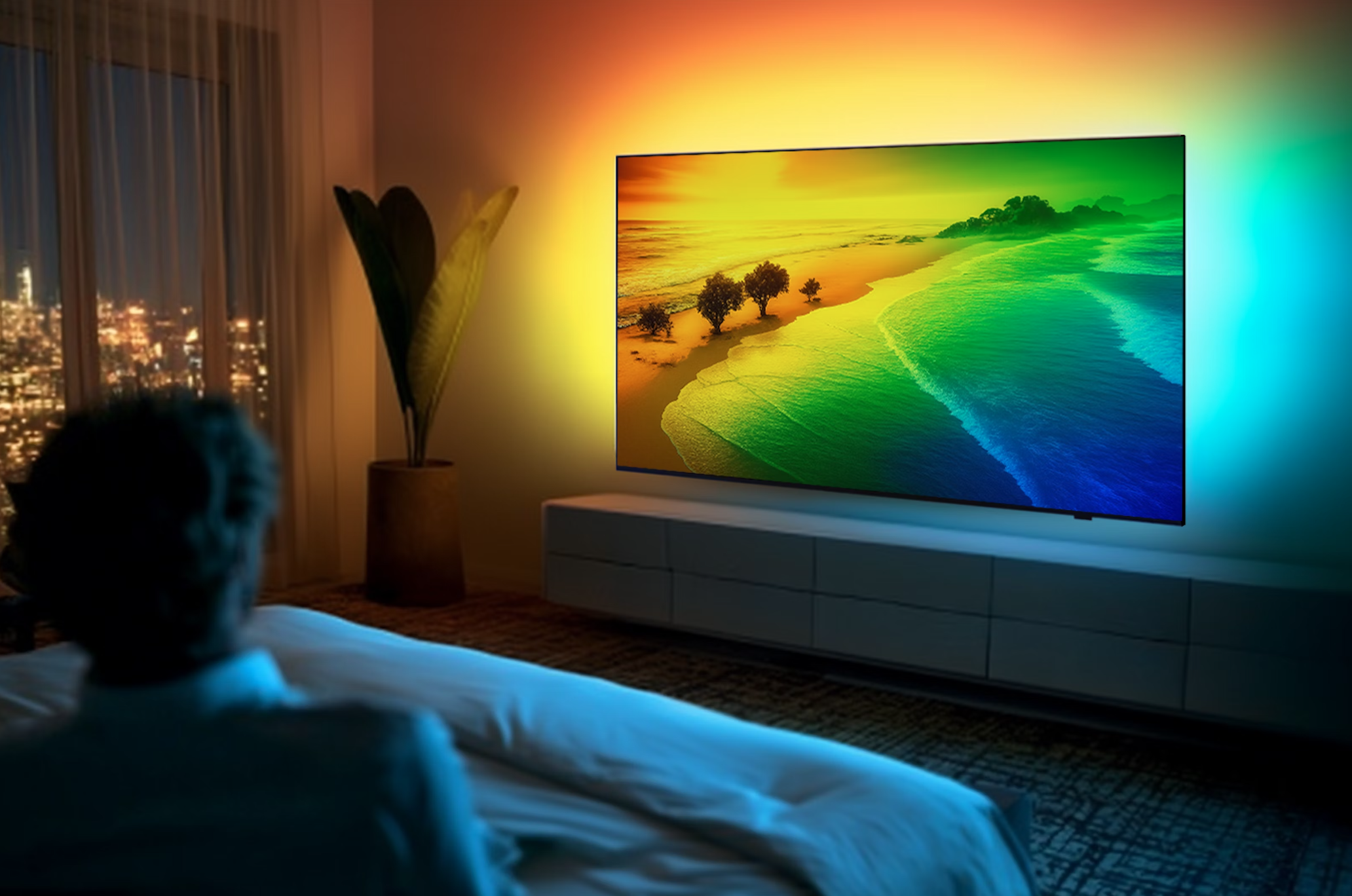 Licht, Fernsehen, Action: Die neue Generation der Philips MediaSuite TVs verbessert das TV-Erlebnis für Gäste und Hoteliers mit neuen bahnbrechenden Funktionen und platzsparendem Design