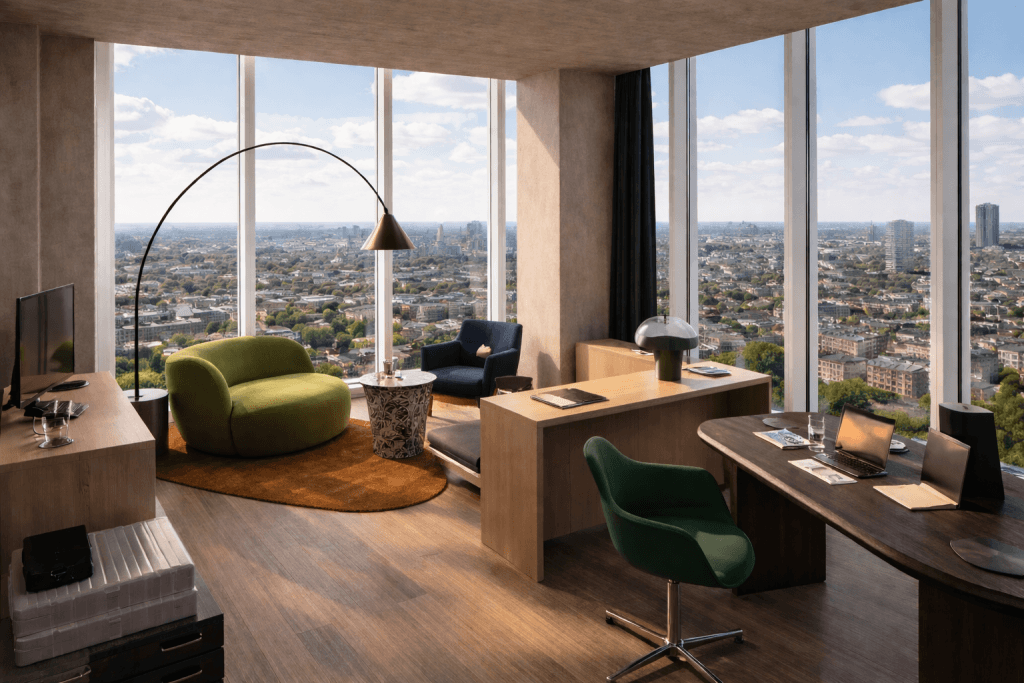 Raum zum Bleiben mit klar getrennten Bereichen für Schlafen, Wohnen und Arbeiten, Rendering © Estrel Berlin